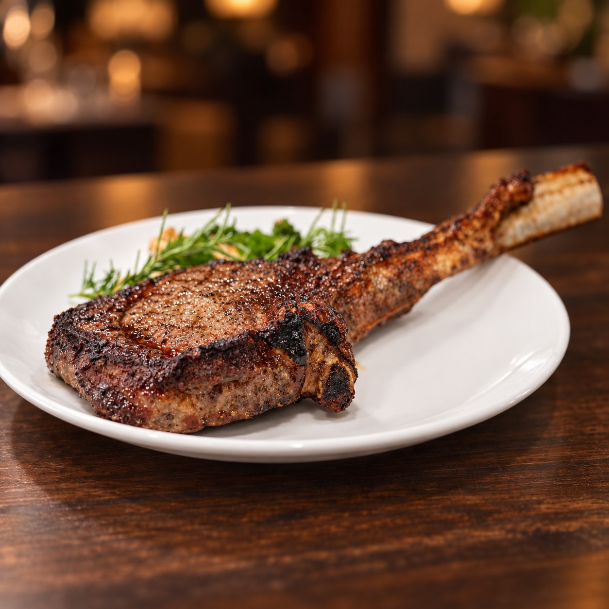 Cận cảnh Tomahawk Wagyu MB5+ sau khi nướng với lớp vỏ cháy cạnh hấp dẫn