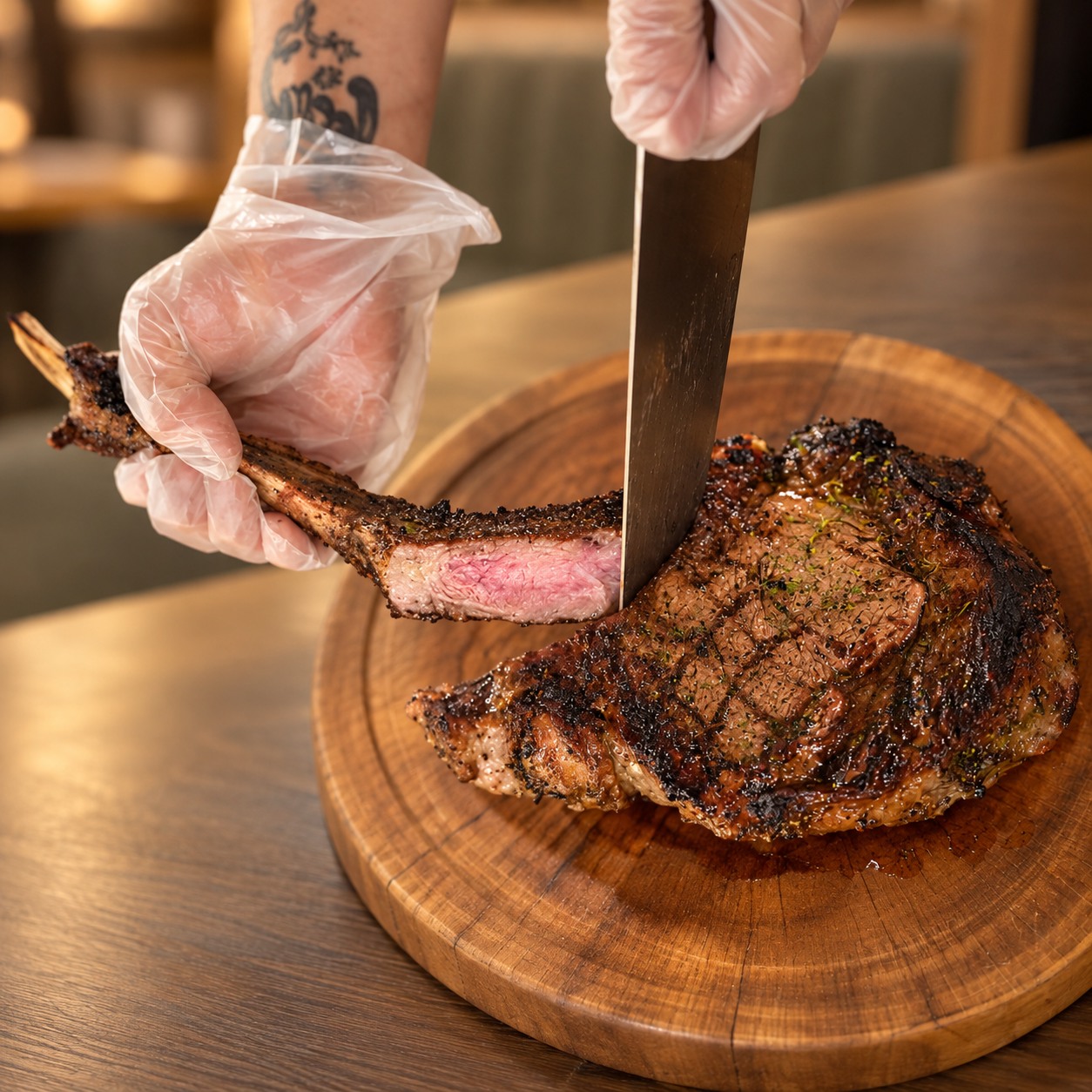 Đầu bếp cắt Tomahawk Wagyu MB5+ tại bàn, để lộ phần thịt hồng bên trong