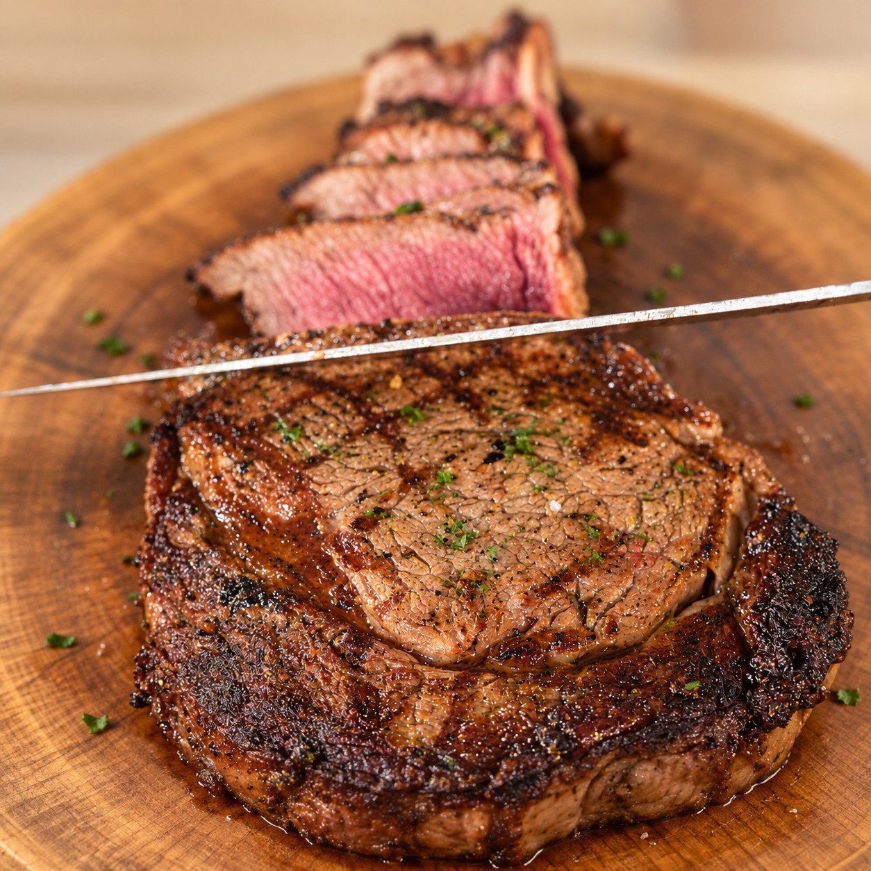 Tomahawk Wagyu MB5+ cắt lát trên thớt gỗ, phần thịt chín vừa mọng nước