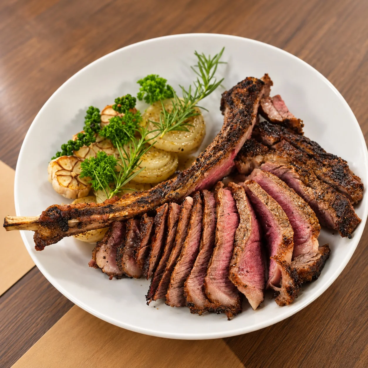 Tomahawk Wagyu MB5+ cắt lát, phục vụ trên đĩa tại Cardi